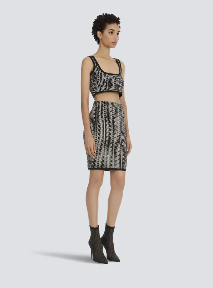 Cropped Bicolor Jacquard Sports Bra Top With Monogram Black Women Balmain Tops And Shirts