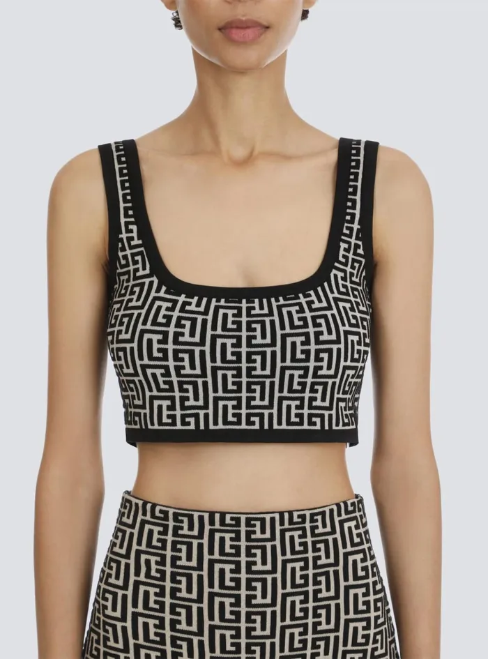 Cropped Bicolor Jacquard Sports Bra Top With Monogram Black Women Balmain Tops And Shirts