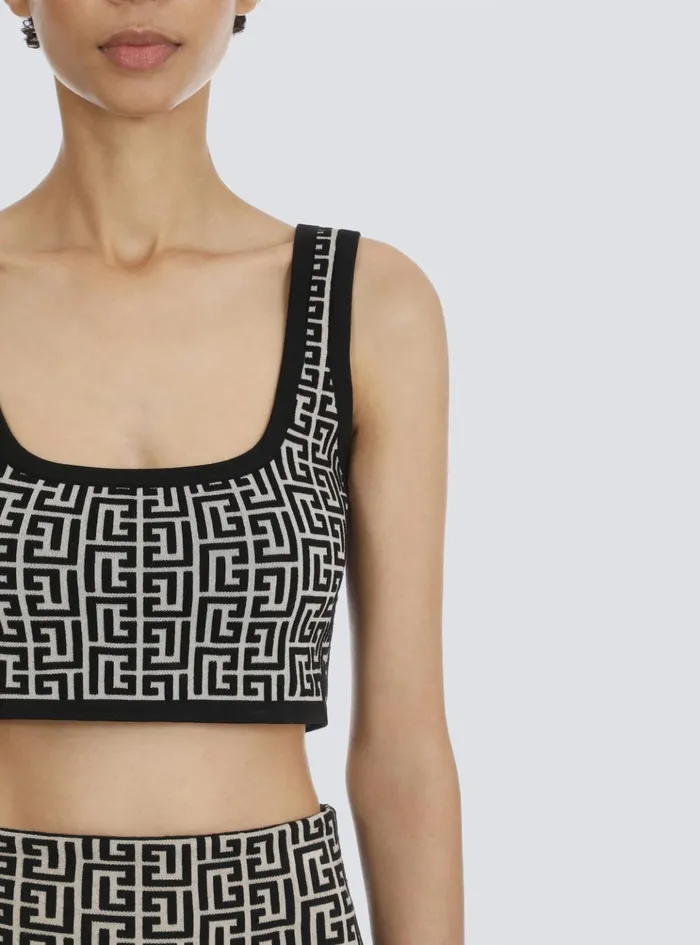 Cropped Bicolor Jacquard Sports Bra Top With Monogram Black Women Balmain Tops And Shirts