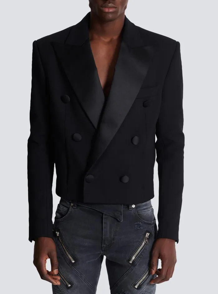 Cropped Double Crepe Jacket Black Men Balmain Jackets And Blazers