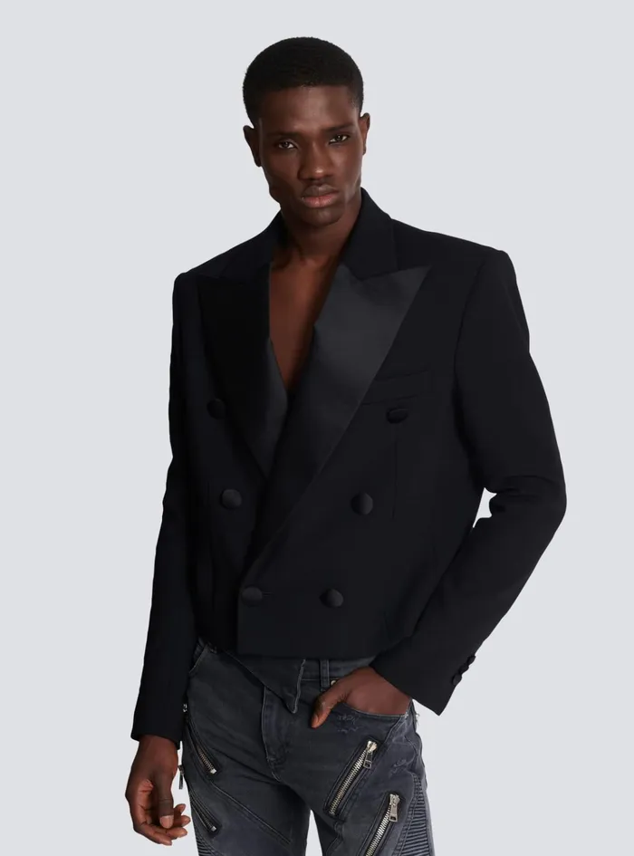 Cropped Double Crepe Jacket Black Men Balmain Jackets And Blazers