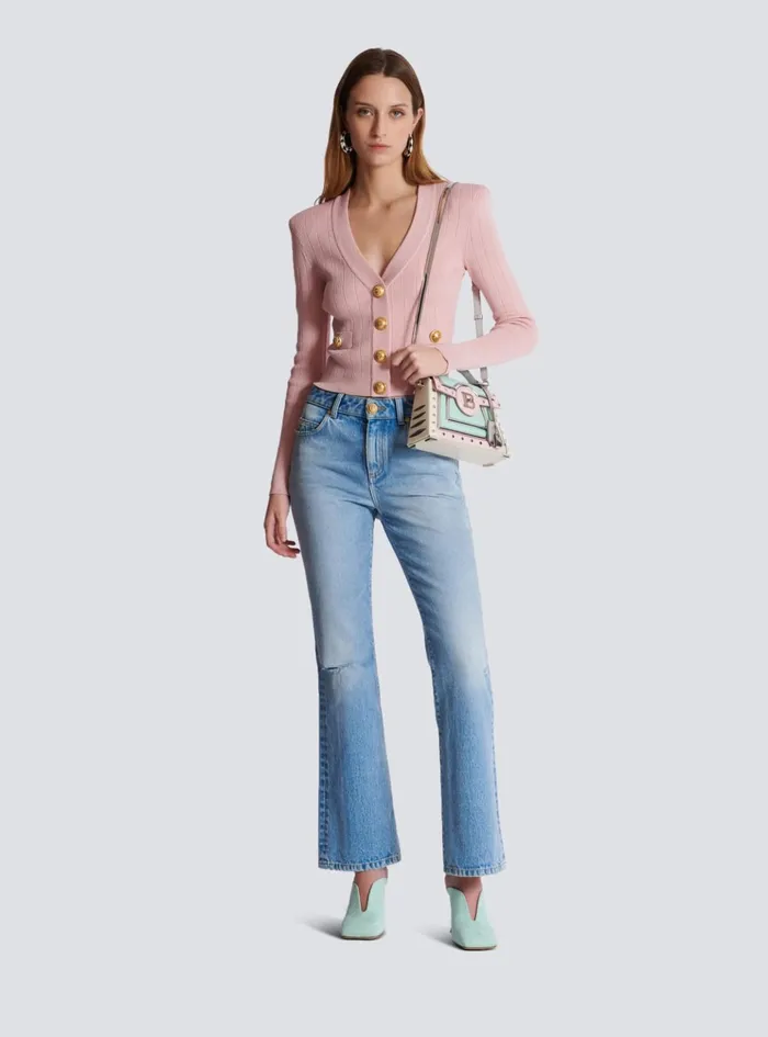 Cropped Knit Cardigan Pink Women Balmain Knitwear