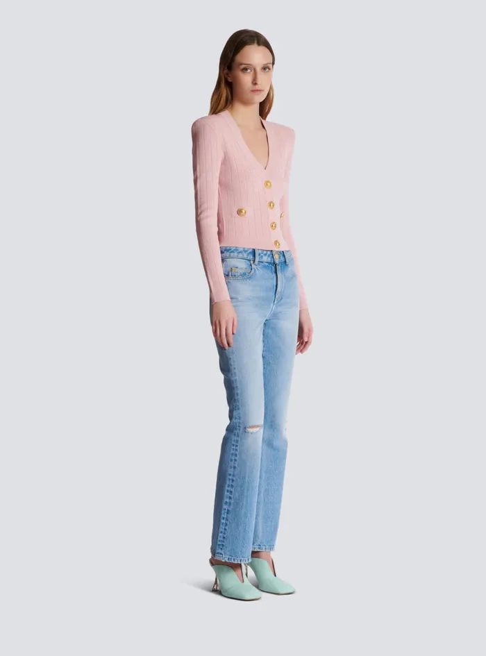 Cropped Knit Cardigan Pink Women Balmain Knitwear