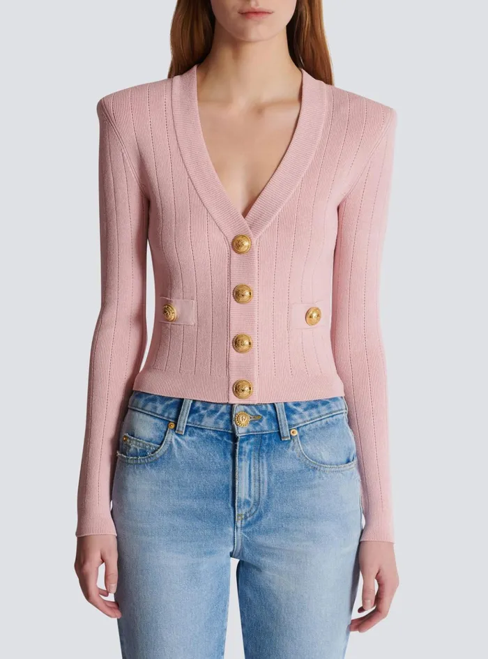 Cropped Knit Cardigan Pink Women Balmain Knitwear