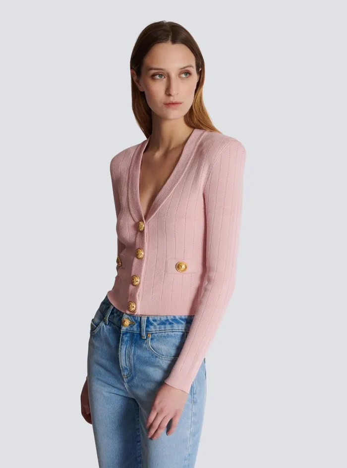 Cropped Knit Cardigan Pink Women Balmain Knitwear