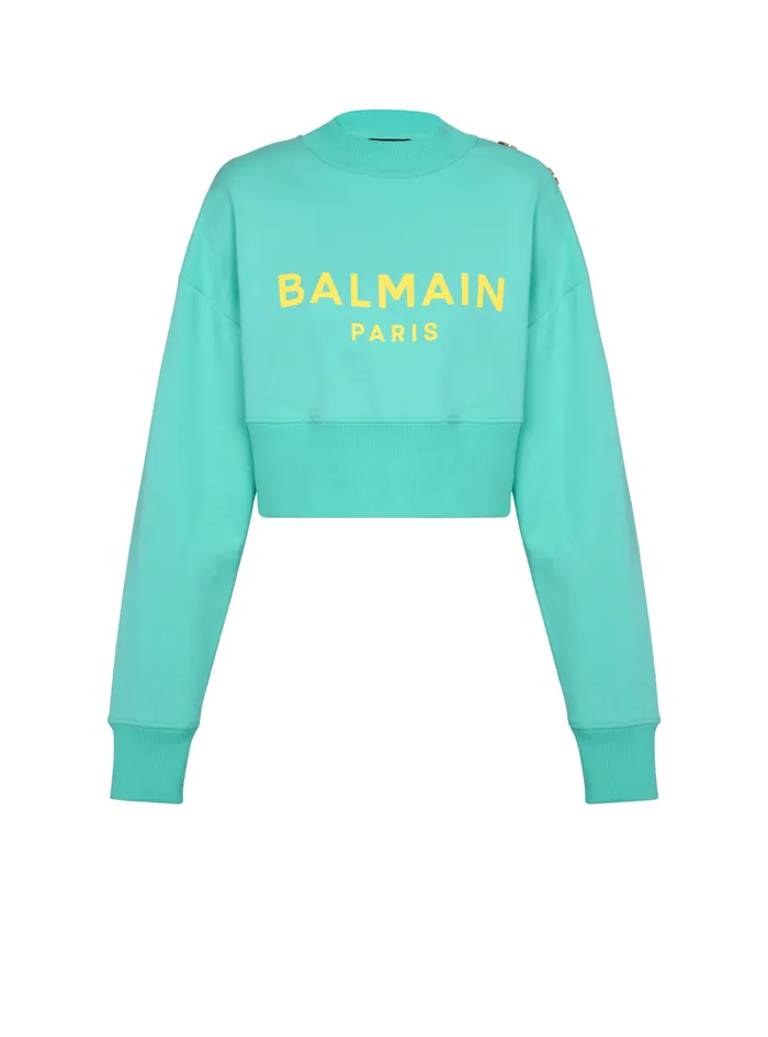 Cropped Sweatshirt With Paris Print Blue Women Balmain Sweatshirts