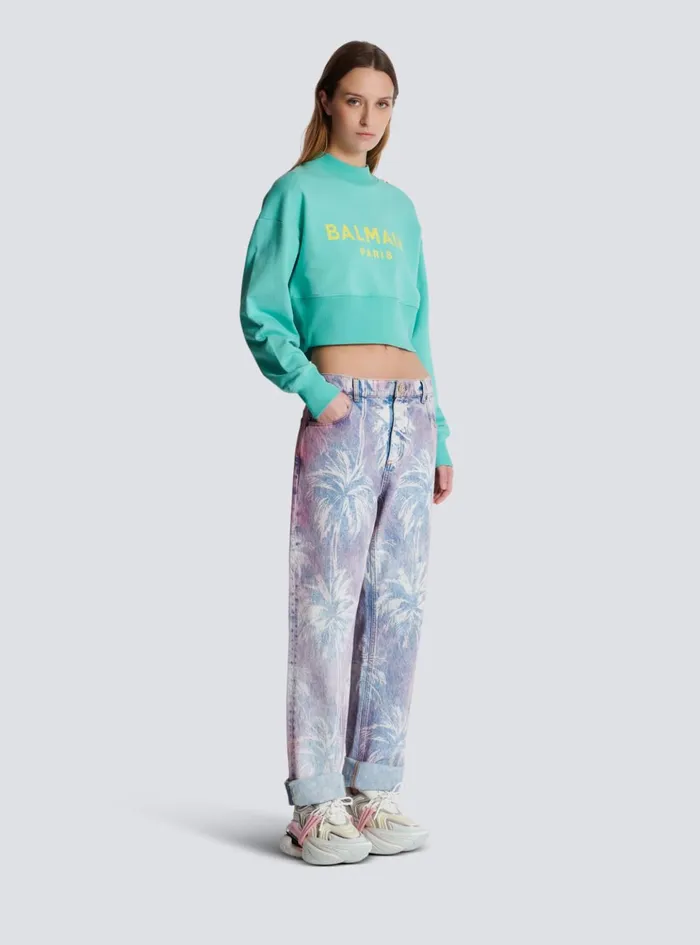 Cropped Sweatshirt With Paris Print Blue Women Balmain Sweatshirts