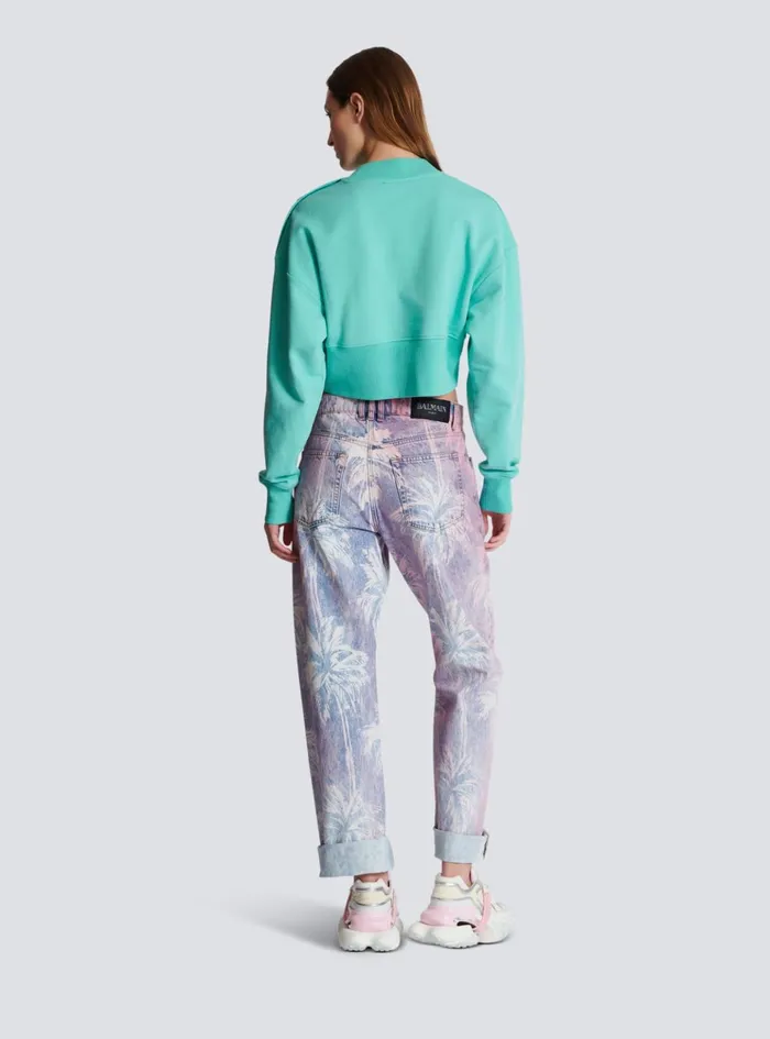Cropped Sweatshirt With Paris Print Blue Women Balmain Sweatshirts