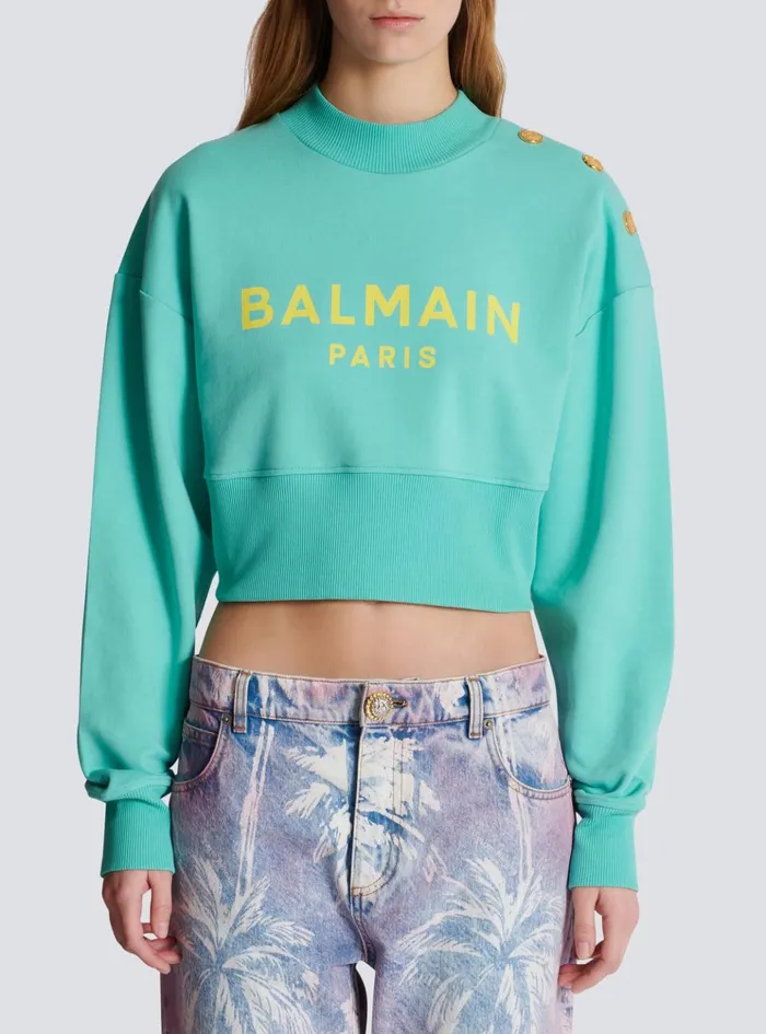 Cropped Sweatshirt With Paris Print Blue Women Balmain Sweatshirts