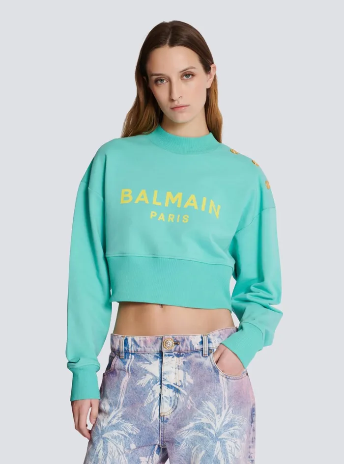 Cropped Sweatshirt With Paris Print Blue Women Balmain Sweatshirts