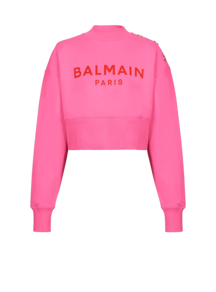Cropped Sweatshirt With Paris Print Pink Women Balmain Sweatshirts