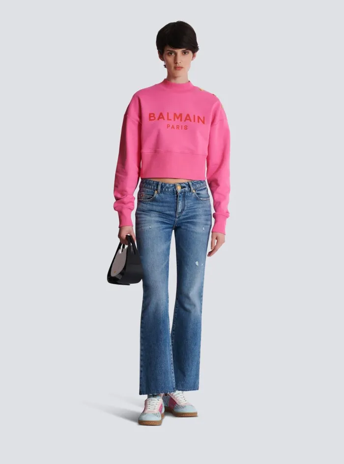 Cropped Sweatshirt With Paris Print Pink Women Balmain Sweatshirts