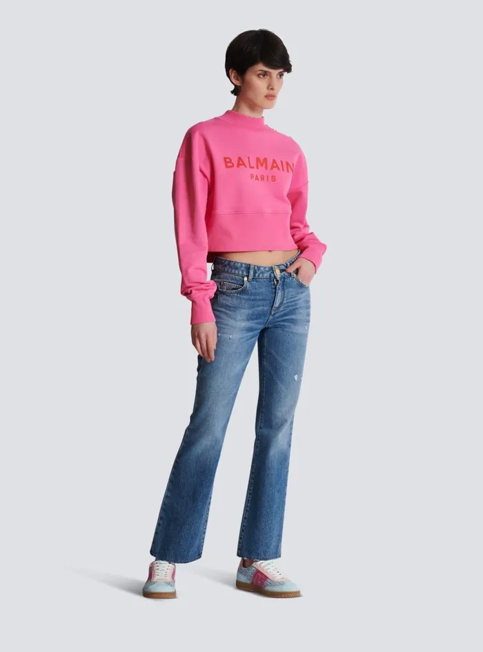 Cropped Sweatshirt With Paris Print Pink Women Balmain Sweatshirts