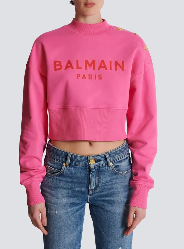 Cropped Sweatshirt With Paris Print Pink Women Balmain Sweatshirts