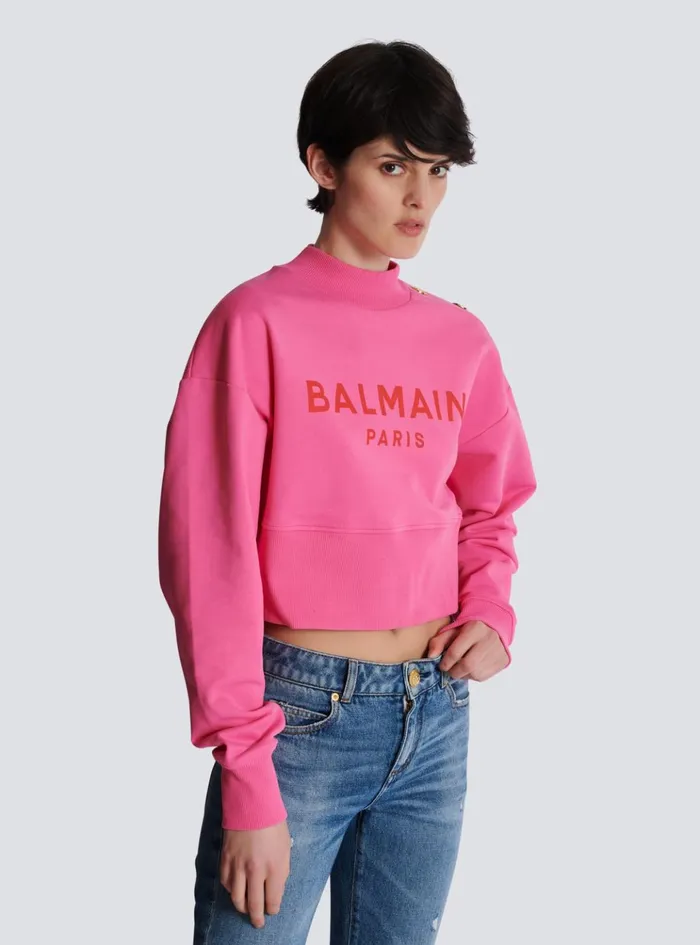 Cropped Sweatshirt With Paris Print Pink Women Balmain Sweatshirts