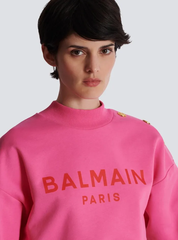 Cropped Sweatshirt With Paris Print Pink Women Balmain Sweatshirts