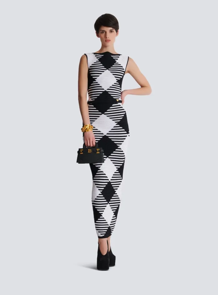 Cropped Top In Rolled Gingham Knit Black Women Balmain Tops And Shirts