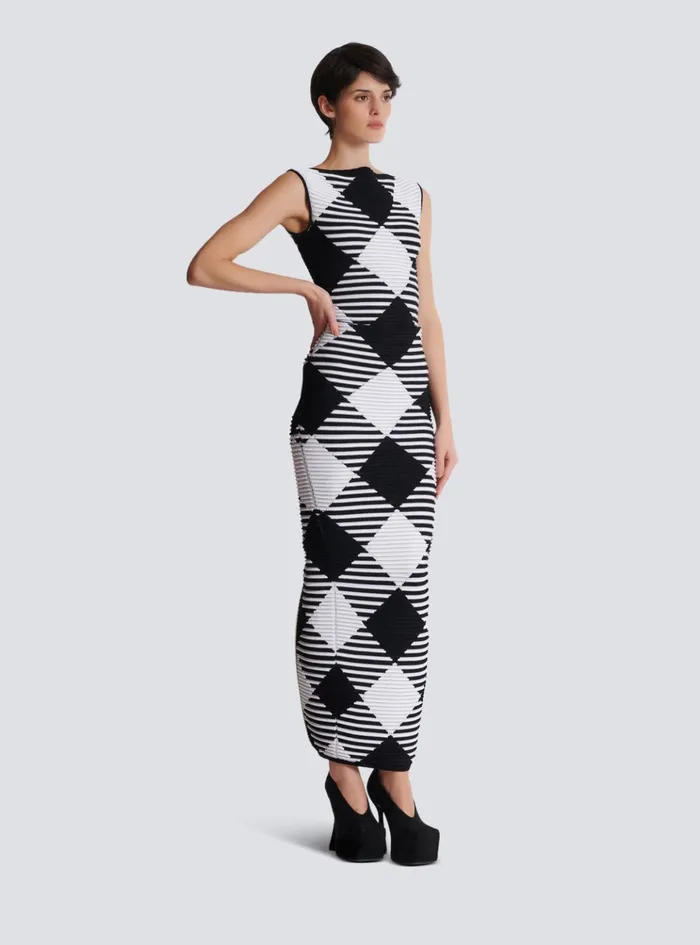 Cropped Top In Rolled Gingham Knit Black Women Balmain Tops And Shirts