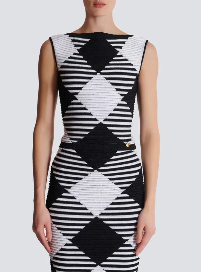 Cropped Top In Rolled Gingham Knit Black Women Balmain Tops And Shirts