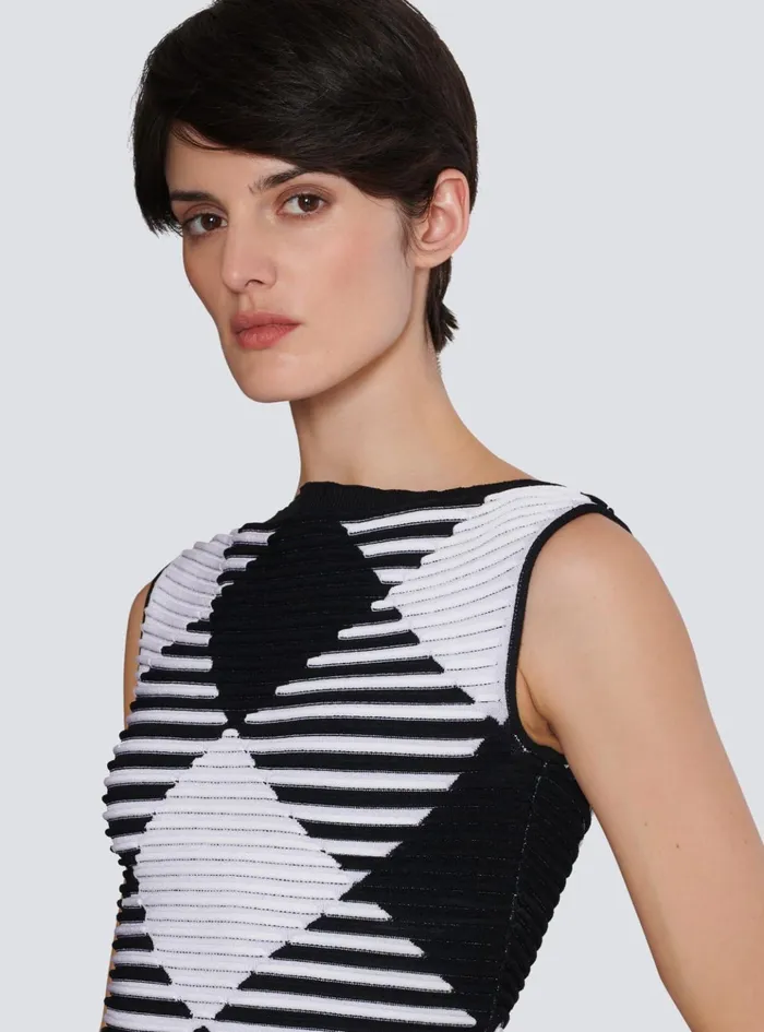 Cropped Top In Rolled Gingham Knit Black Women Balmain Tops And Shirts