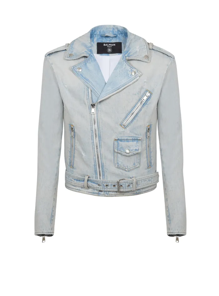 Denim Biker Jacket Blue Men Balmain Outerwear