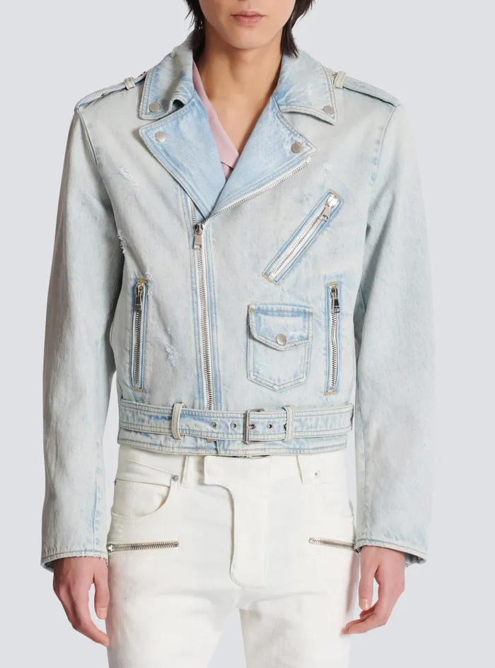 Denim Biker Jacket Blue Men Balmain Outerwear