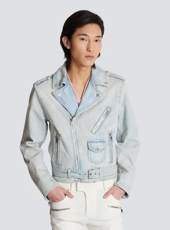Denim Biker Jacket Blue Men Balmain Outerwear