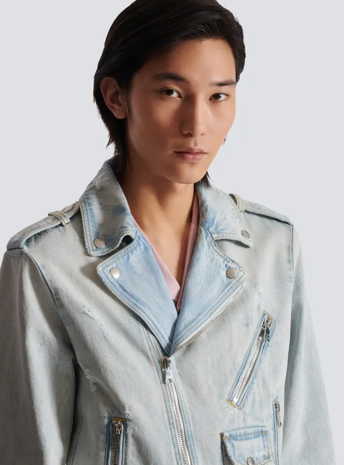 Denim Biker Jacket Blue Men Balmain Outerwear