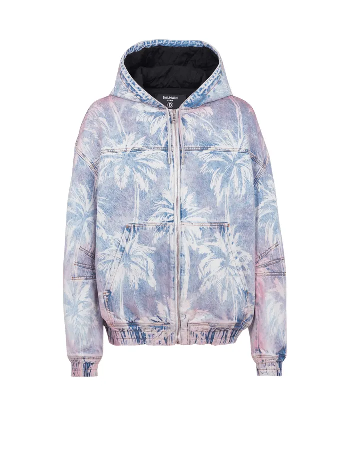 Denim Hooded Bomber Jacket With Palm Tree Print Blue Men Balmain Denim