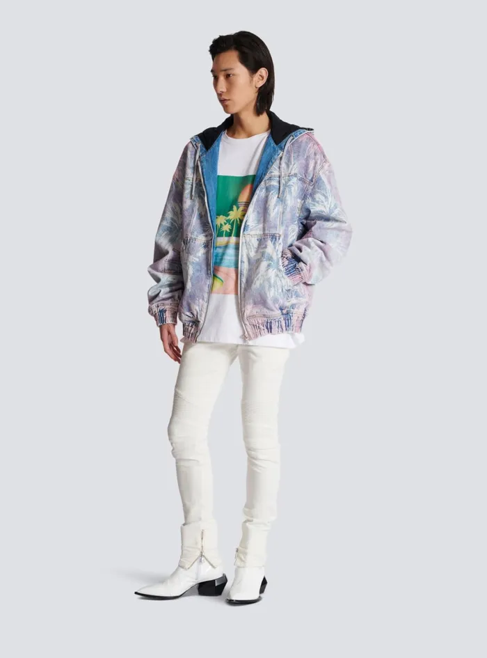 Denim Hooded Bomber Jacket With Palm Tree Print Blue Men Balmain Denim