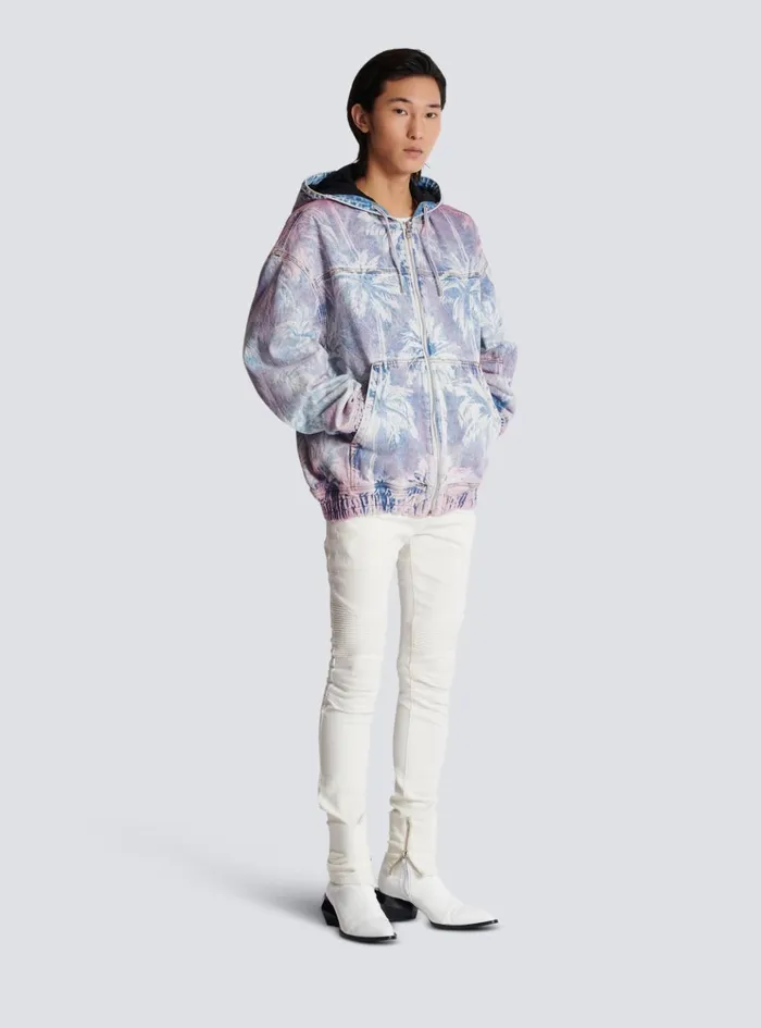 Denim Hooded Bomber Jacket With Palm Tree Print Blue Men Balmain Denim