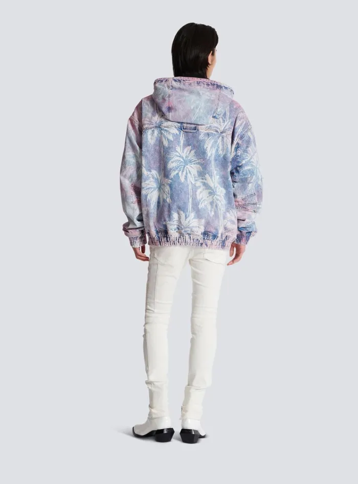 Denim Hooded Bomber Jacket With Palm Tree Print Blue Men Balmain Denim