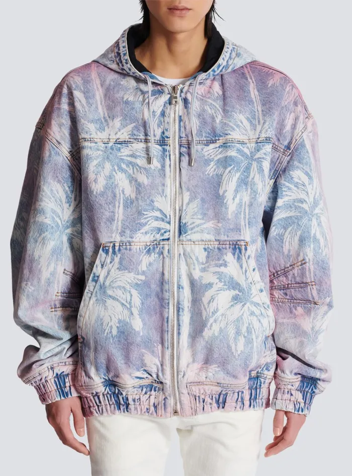 Denim Hooded Bomber Jacket With Palm Tree Print Blue Men Balmain Denim