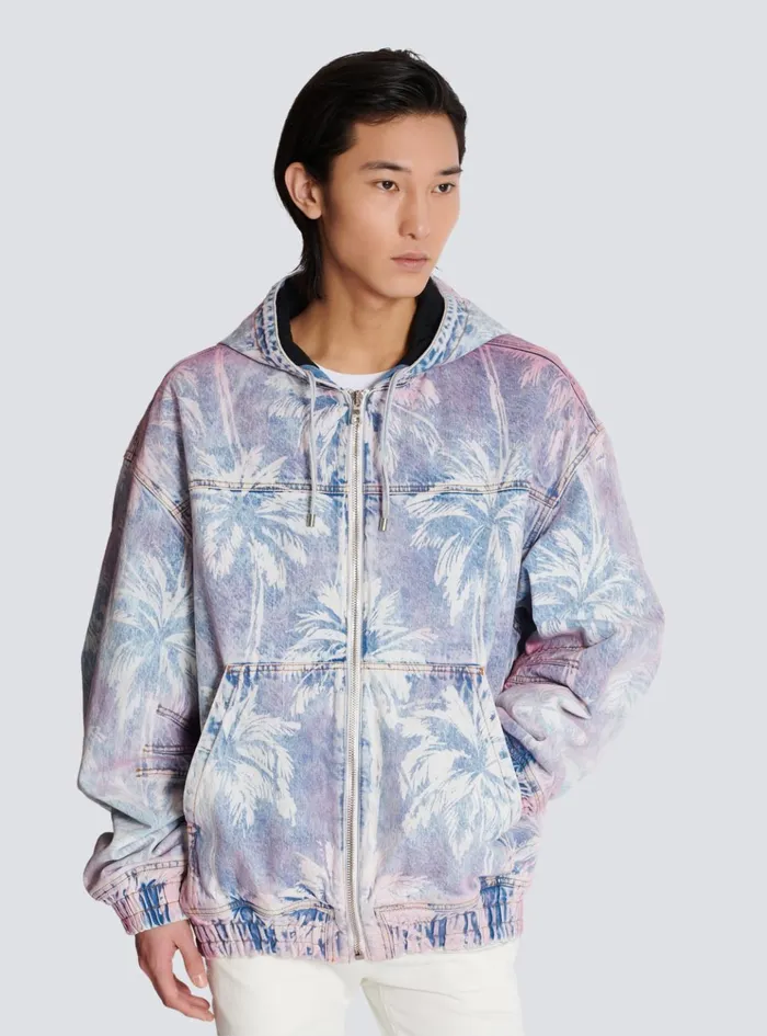 Denim Hooded Bomber Jacket With Palm Tree Print Blue Men Balmain Denim