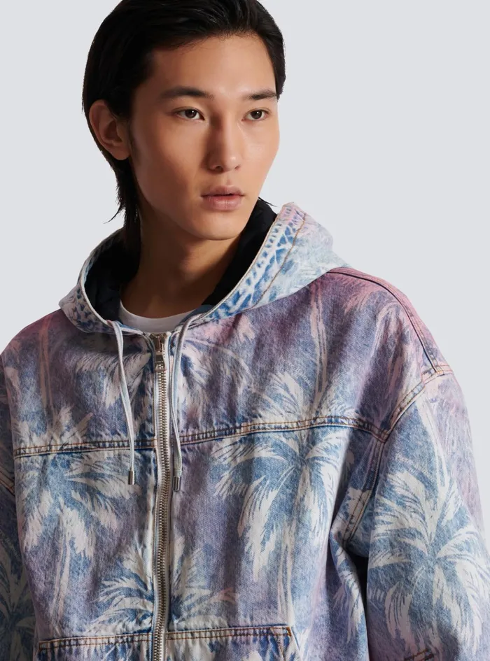 Denim Hooded Bomber Jacket With Palm Tree Print Blue Men Balmain Denim