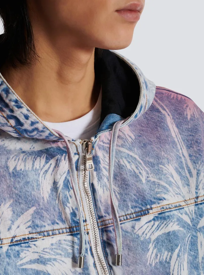 Denim Hooded Bomber Jacket With Palm Tree Print Blue Men Balmain Denim