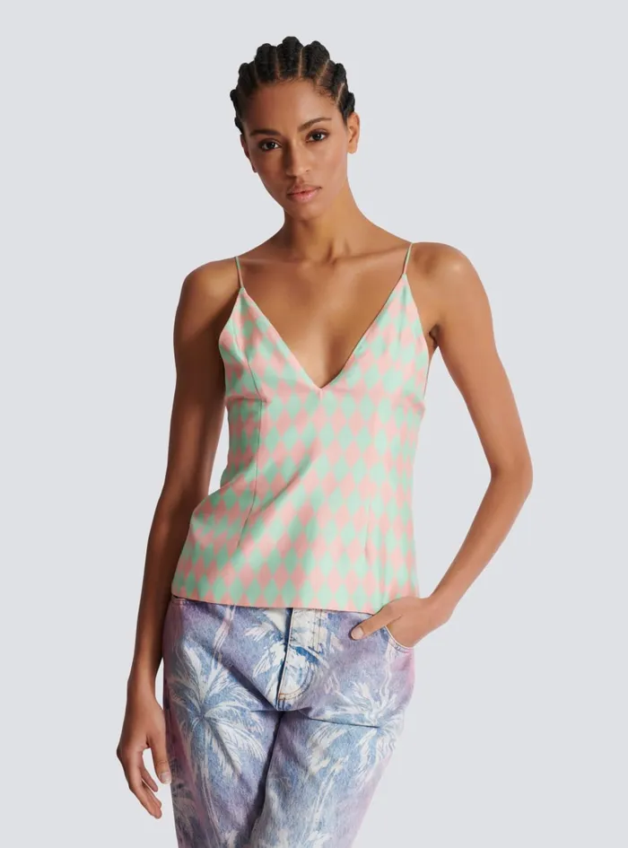Diamond Print Silk Top Multicolor Women Balmain Tops And Shirts