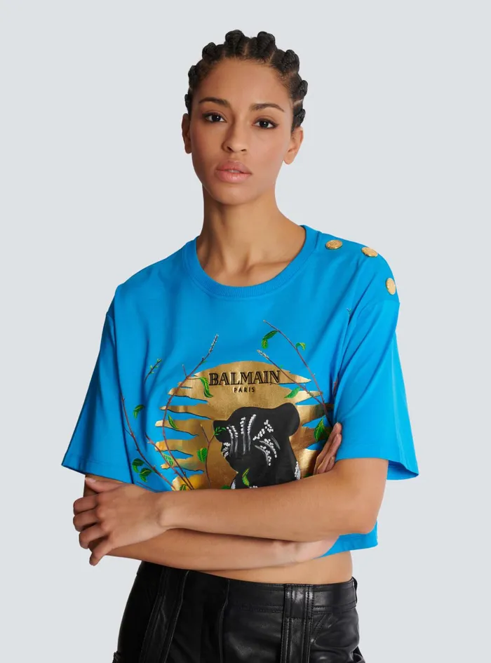 Disney X The Lion King 8211 Cropped Tshirt With Cassius Khumalo Print Blue Women Balmain TShirts