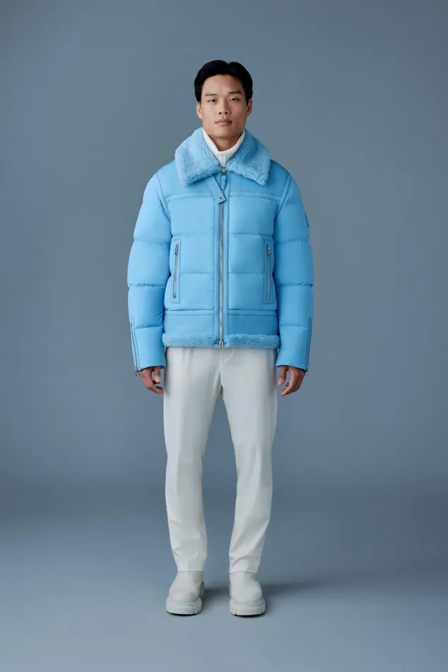Downs and Parkas Men Mackage ROBERT Mixedmedia Shearling Down Jacket Sky Blue