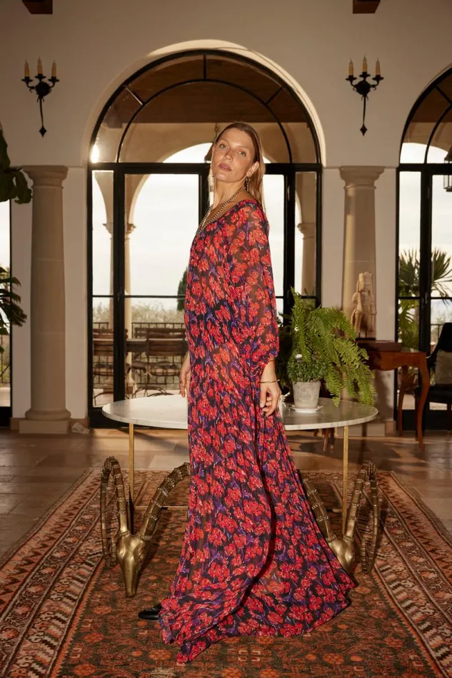 Dresses Shop Natalie Martin LAINEY DRESS WITH SASH Chiffon Watercolor Print Onyx