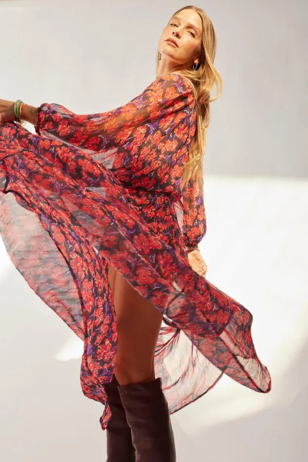 Dresses Shop Natalie Martin LAINEY DRESS WITH SASH Chiffon Watercolor Print Onyx