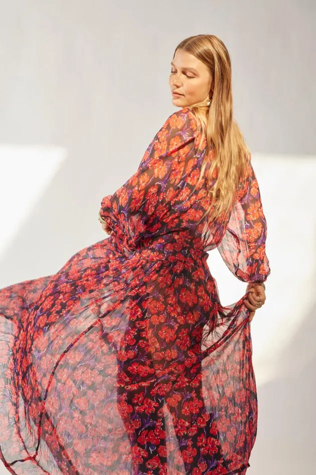Dresses Shop Natalie Martin LAINEY DRESS WITH SASH Chiffon Watercolor Print Onyx