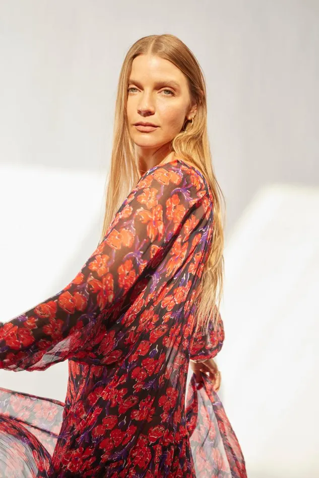 Dresses Shop Natalie Martin LAINEY DRESS WITH SASH Chiffon Watercolor Print Onyx