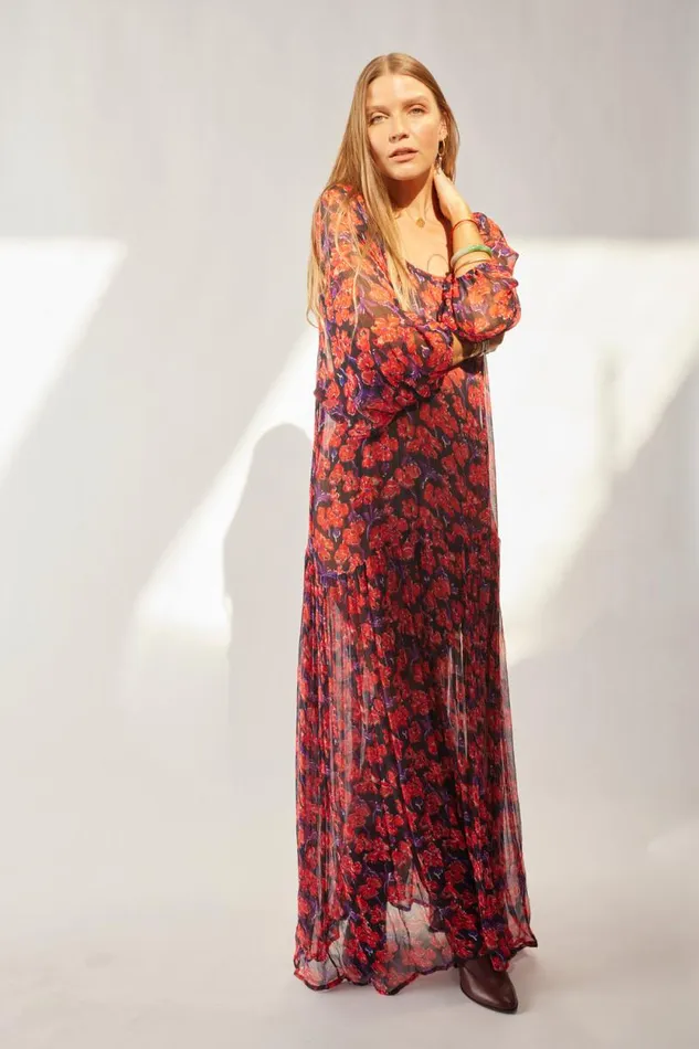 Dresses Shop Natalie Martin LAINEY DRESS WITH SASH Chiffon Watercolor Print Onyx