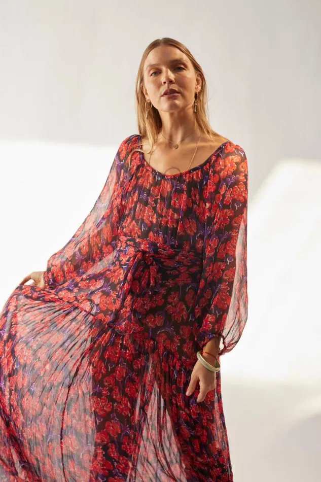 Dresses Shop Natalie Martin LAINEY DRESS WITH SASH Chiffon Watercolor Print Onyx