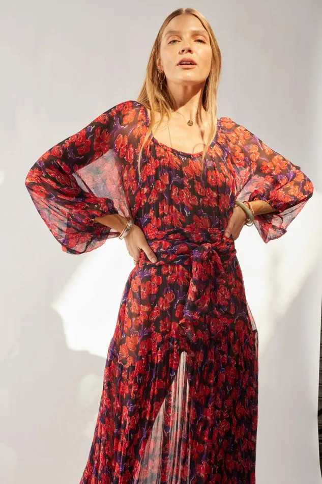 Dresses Shop Natalie Martin LAINEY DRESS WITH SASH Chiffon Watercolor Print Onyx