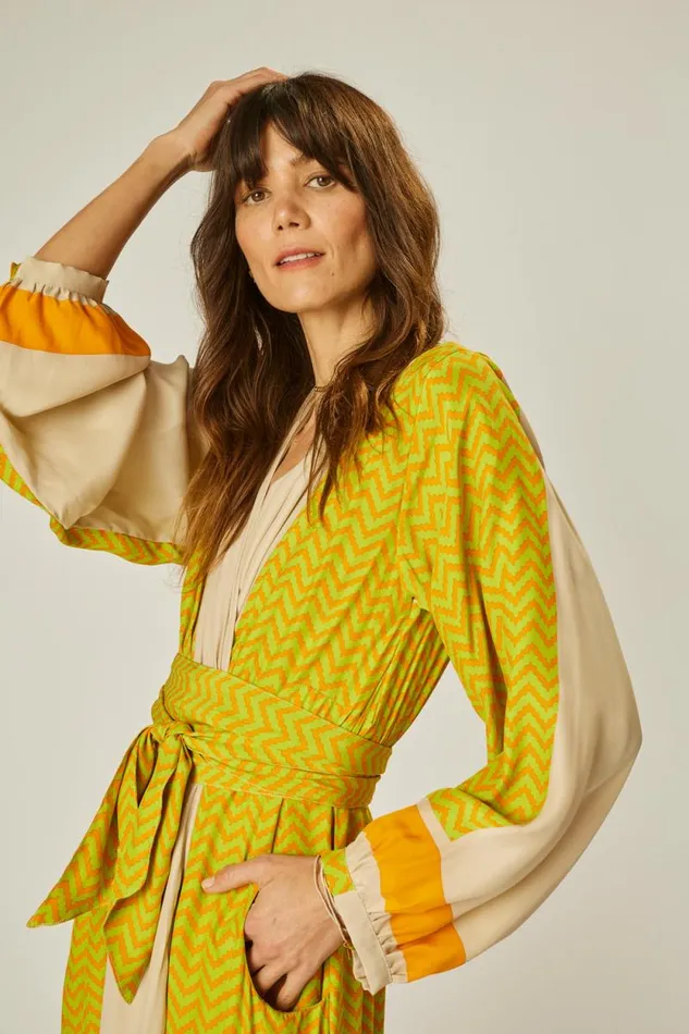 Dresses Shop Natalie Martin NICO LS MAXI WITH SASH Block Zigzag Tangerine