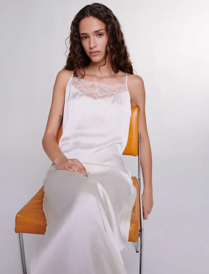 Dresses Women Maje Long Satin Dress Ecru