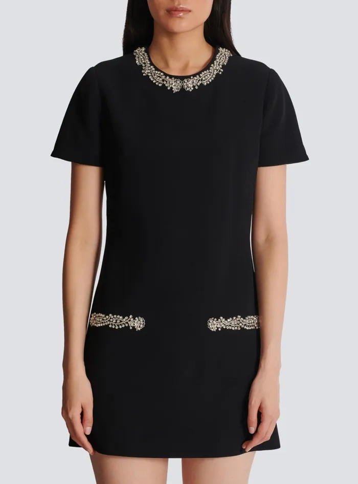 Embroidered Crepe Shift Dress Black Women Balmain Dresses
