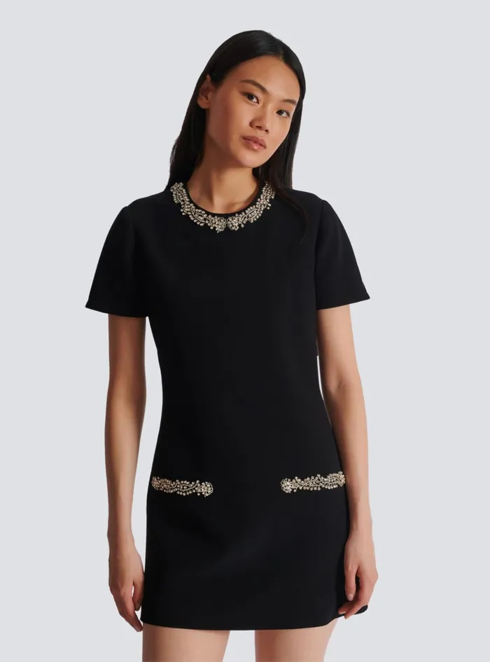 Embroidered Crepe Shift Dress Black Women Balmain Dresses